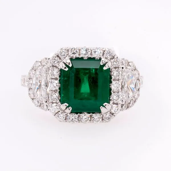 18K White Gold Cushion Emerald Ring with Half Moon Diamonds LeeBrant Jewelry & Watch Co Sandy Springs, GA
