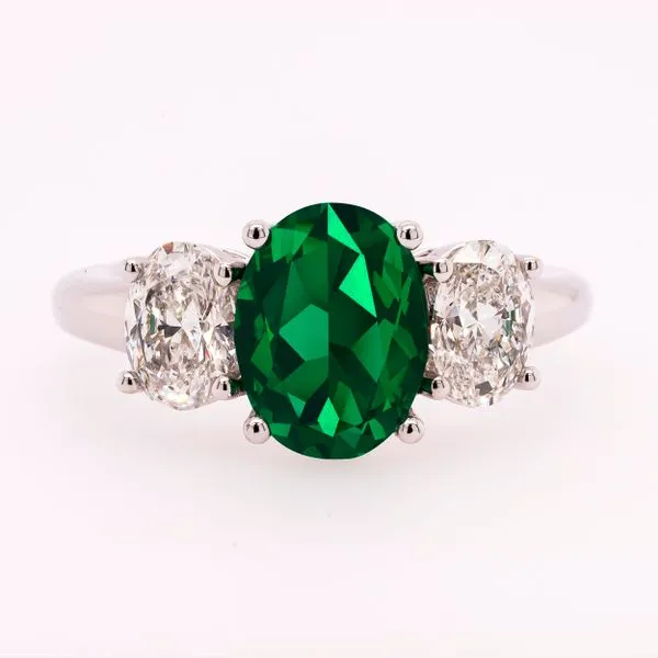 18K White Gold Three Stone Oval Emerald and Diamond Ring LeeBrant Jewelry & Watch Co Sandy Springs, GA