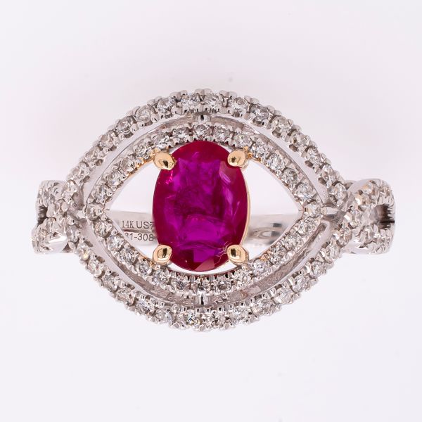14K White and Yellow Gold Eye Design Oval Ruby Diamond Ring LeeBrant Jewelry & Watch Co Sandy Springs, GA