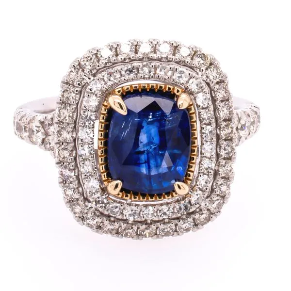 Platnium and 14K Yellow Gold Geometric Sapphire Diamond Ring with Split Shank LeeBrant Jewelry & Watch Co Sandy Springs, GA