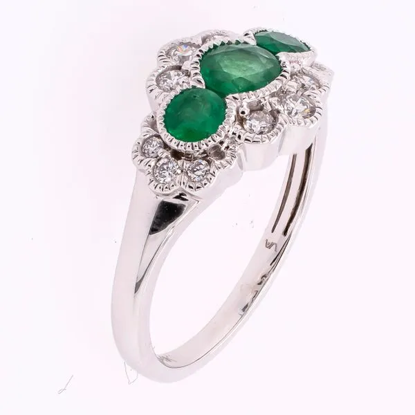 14K White Gold Three Stone Antique Round Emerald Diamond Ring Image 2 LeeBrant Jewelry & Watch Co Sandy Springs, GA