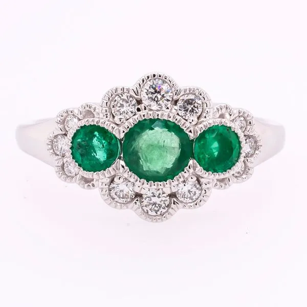 14K White Gold Three Stone Antique Round Emerald Diamond Ring LeeBrant Jewelry & Watch Co Sandy Springs, GA