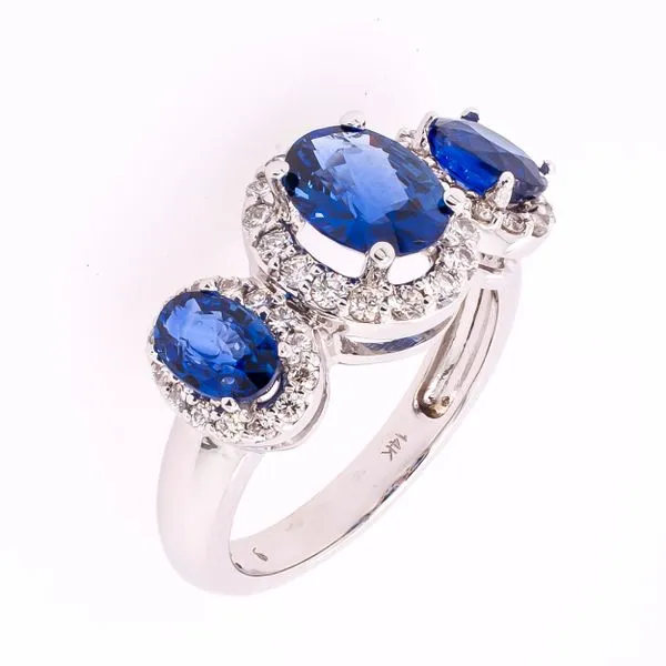14K White Gold Three Stone Halo Diamond Sapphire Ring Image 2 LeeBrant Jewelry & Watch Co Sandy Springs, GA