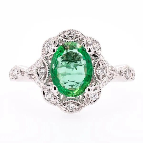 18K White Gold Emerald Diamond Flower Ring LeeBrant Jewelry & Watch Co Sandy Springs, GA