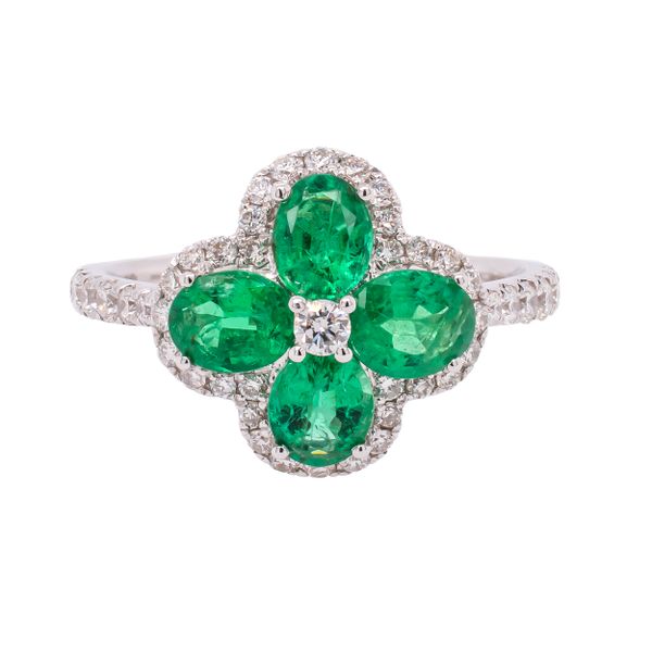 18K White Gold Oval Emerald Diamond Flower Ring LeeBrant Jewelry & Watch Co Sandy Springs, GA