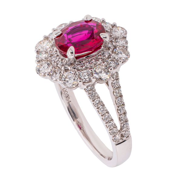 18K White Gold Oval Ruby Diamond Split Shank Ring Image 2 LeeBrant Jewelry & Watch Co Sandy Springs, GA