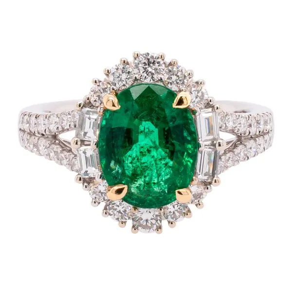 18K White and Yellow Gold Oval Emerald Split Shank Diamond Ring LeeBrant Jewelry & Watch Co Sandy Springs, GA
