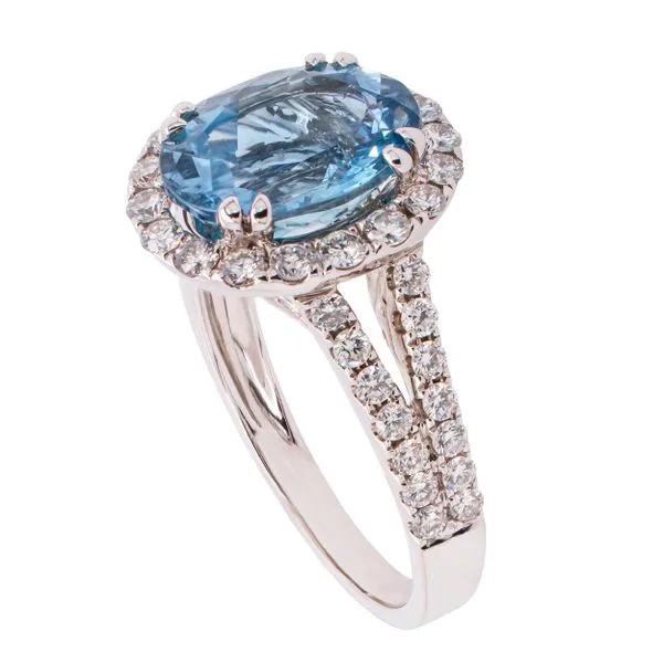 18K White Gold Aqua Halo Diamond Split Shank Ring Image 2 LeeBrant Jewelry & Watch Co Sandy Springs, GA