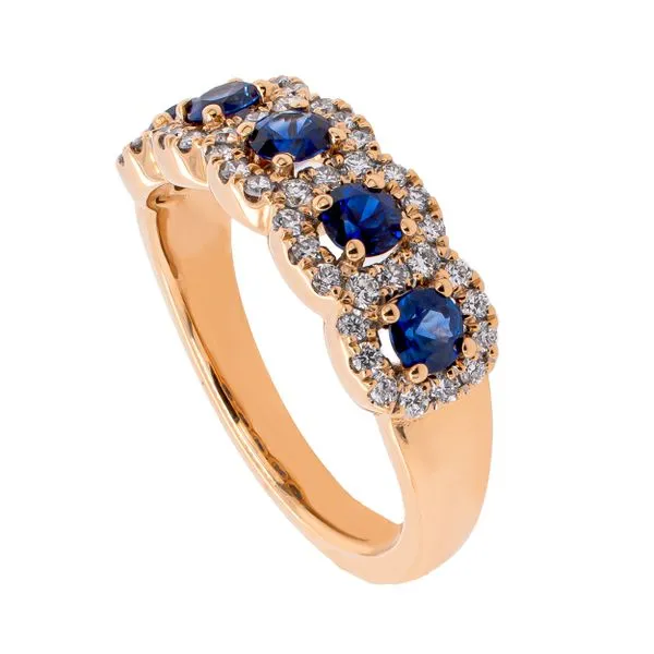 18K Yellow Gold 5 Stone Sapphire Halo Diamond Ring Image 2 LeeBrant Jewelry & Watch Co Sandy Springs, GA
