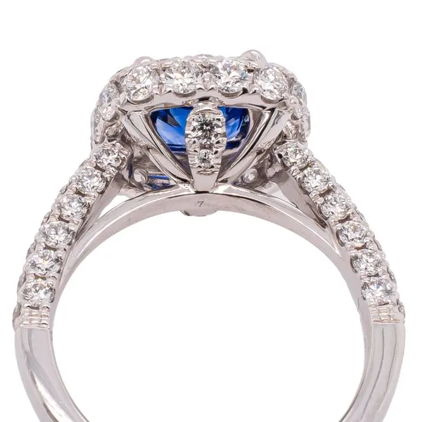 18K White Gold Cushion Sapphire in Contemporary Diamond Halo Ring Image 2 LeeBrant Jewelry & Watch Co Sandy Springs, GA