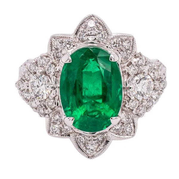 18K White Gold Oval Emerald Diamond Flower Ring LeeBrant Jewelry & Watch Co Sandy Springs, GA