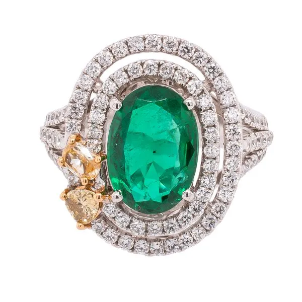 18K White and Yellow Gold Oval Emerald Ring with Fancy Yellow Diamonds LeeBrant Jewelry & Watch Co Sandy Springs, GA