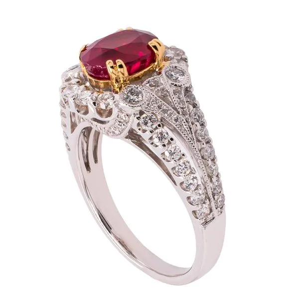 18K White and Yellow Gold Ruby Oval Filigree Diamond Ring Image 2 LeeBrant Jewelry & Watch Co Sandy Springs, GA