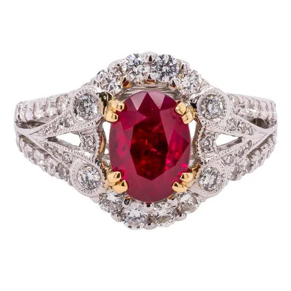 18K White and Yellow Gold Ruby Oval Filigree Diamond Ring LeeBrant Jewelry & Watch Co Sandy Springs, GA