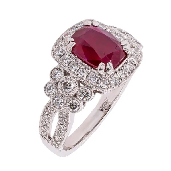 18K White Gold Ruby Oval Diamond Square Ring with Bubble Side Diamonds Image 2 LeeBrant Jewelry & Watch Co Sandy Springs, GA