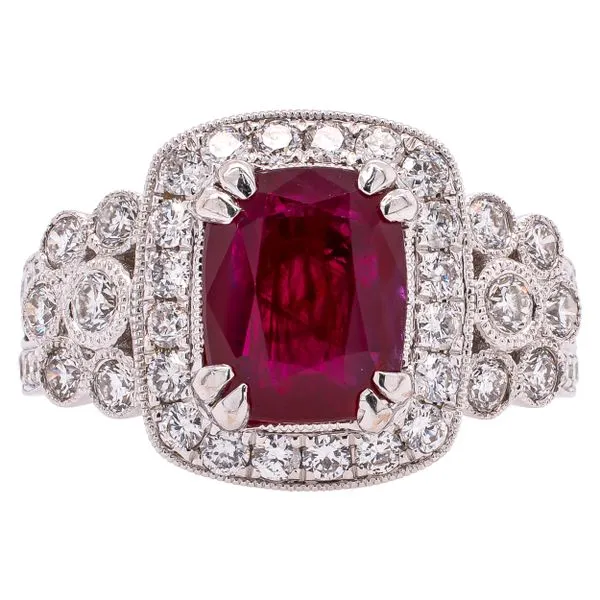 18K White Gold Ruby Oval Diamond Square Ring with Bubble Side Diamonds LeeBrant Jewelry & Watch Co Sandy Springs, GA