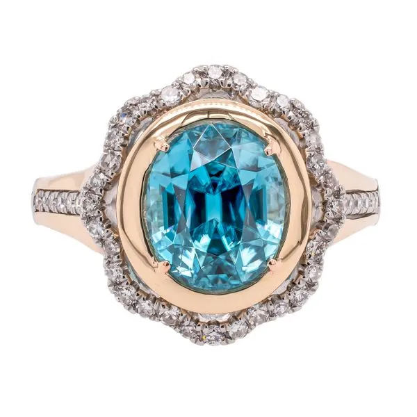 14K White and Yellow Gold Blue Zircon Diamond Flower Ring LeeBrant Jewelry & Watch Co Sandy Springs, GA