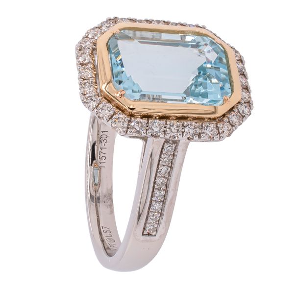 14K White and Yellow Gold Emerald Cut Aquamarine Bezeled Halo Ring Image 2 LeeBrant Jewelry & Watch Co Sandy Springs, GA