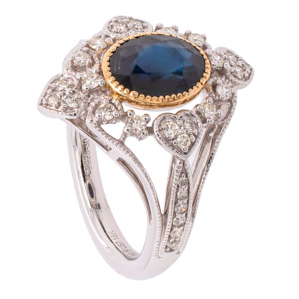 14K White and Yellow Gold Sapphire Oval Heart Diamond Delicate Ring Image 2 LeeBrant Jewelry & Watch Co Sandy Springs, GA