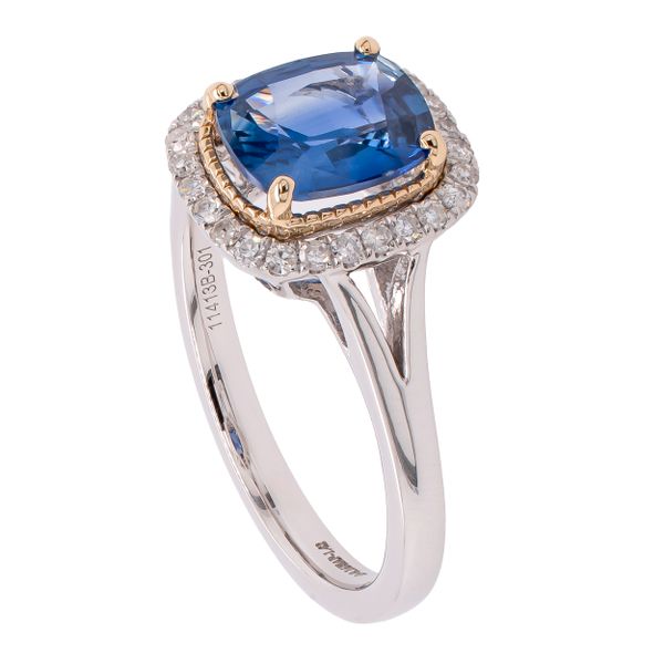 14K White and Yellow Gold Sapphire Cushion Halo Diamond Ring Image 2 LeeBrant Jewelry & Watch Co Sandy Springs, GA