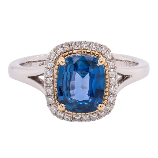 14K White and Yellow Gold Sapphire Cushion Halo Diamond Ring LeeBrant Jewelry & Watch Co Sandy Springs, GA