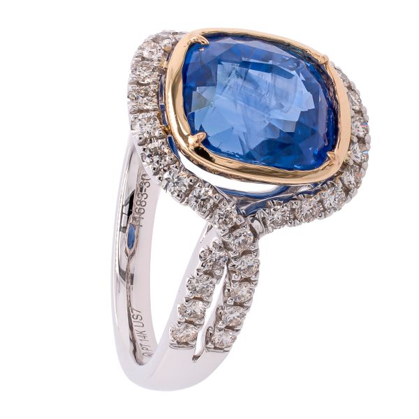 14K White and Yellow Gold Sapphire Cushion Diamond Bypass Ring Image 2 LeeBrant Jewelry & Watch Co Sandy Springs, GA
