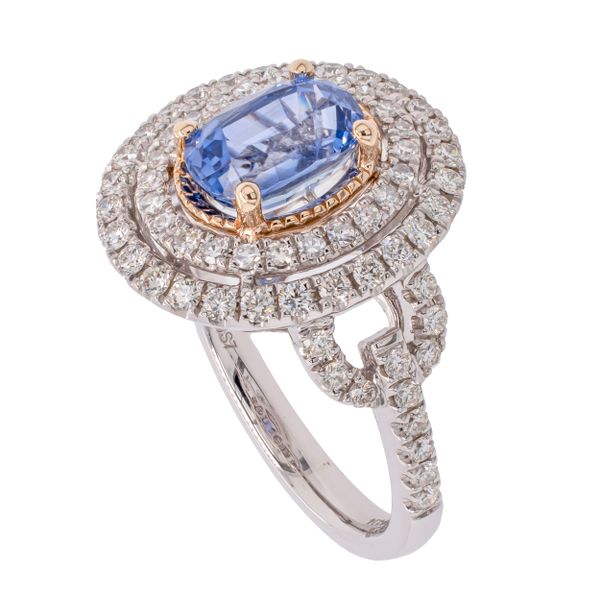 14K White and Yellow Gold Sapphire Oval Double Halo Ring Image 2 LeeBrant Jewelry & Watch Co Sandy Springs, GA