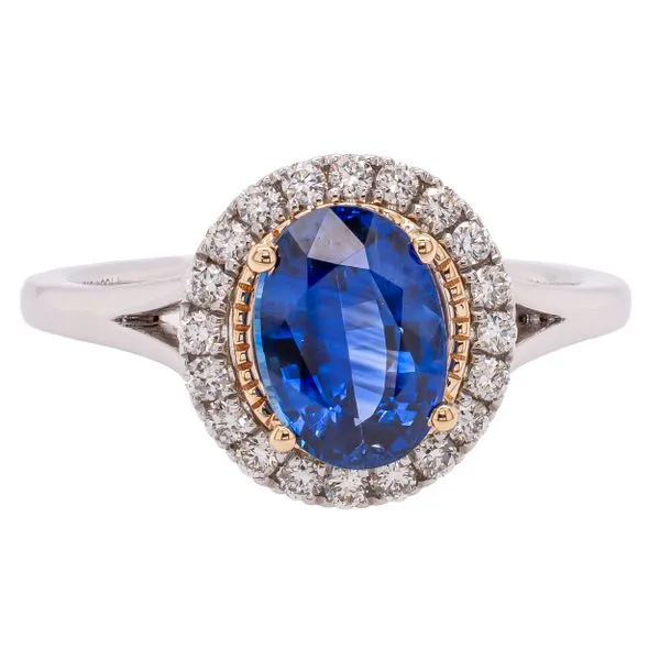 14K White and Yellow Gold Sapphire Oval Diamond Halo Ring LeeBrant Jewelry & Watch Co Sandy Springs, GA