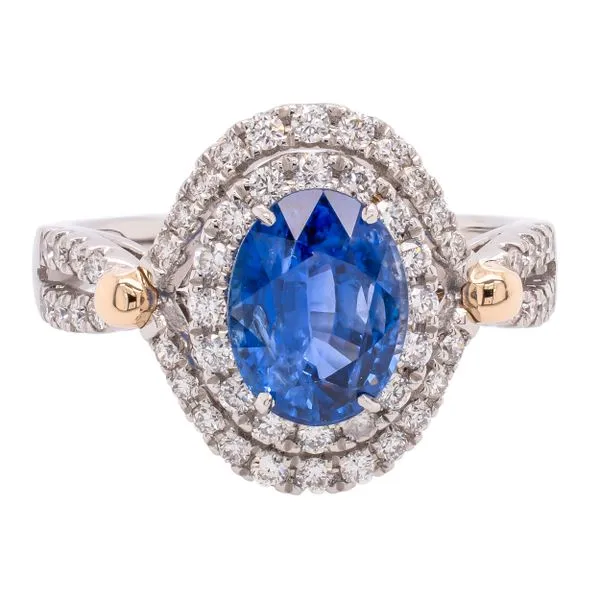 14K White and Yellow Gold Oval Sapphire Diamond Halo Bypass Ring LeeBrant Jewelry & Watch Co Sandy Springs, GA