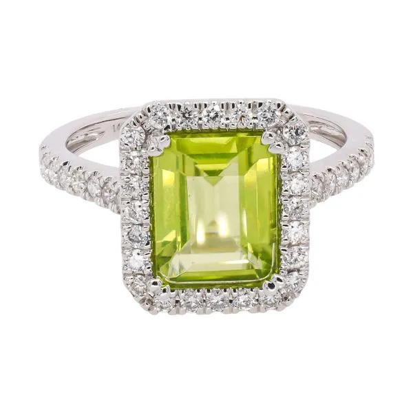 14K White Gold Emerald Cut Peridot Halo Diamond Ring LeeBrant Jewelry & Watch Co Sandy Springs, GA