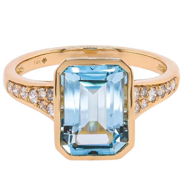 14K Yellow Gold Blue Topaz Emerald Cut Bezel Set Diamond Ring Image 2 LeeBrant Jewelry & Watch Co Sandy Springs, GA