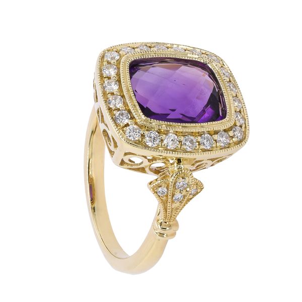 14K Yellow Gold Rectangle Amethyst Bezel Set Diamond Halo Ring Image 2 LeeBrant Jewelry & Watch Co Sandy Springs, GA