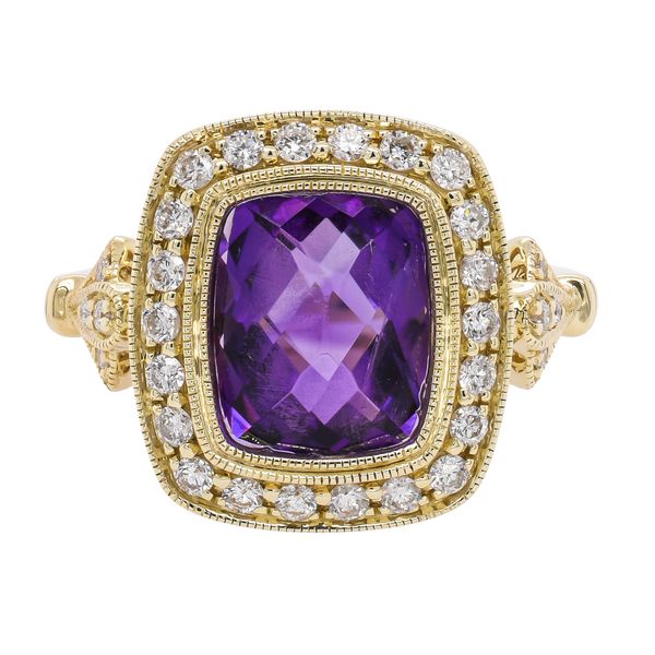 14K Yellow Gold Rectangle Amethyst Bezel Set Diamond Halo Ring LeeBrant Jewelry & Watch Co Sandy Springs, GA
