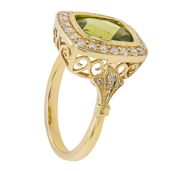 14K Yellow Gold Rectangle Peridot Bezel Set Diamond Halo Ring Image 2 LeeBrant Jewelry & Watch Co Sandy Springs, GA