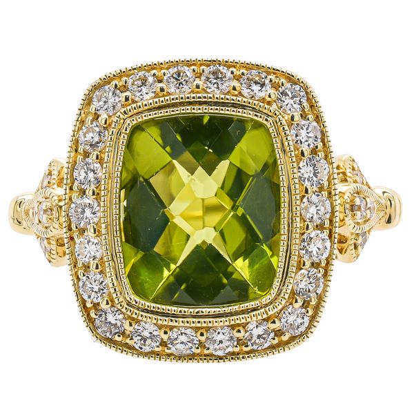 14K Yellow Gold Rectangle Peridot Bezel Set Diamond Halo Ring LeeBrant Jewelry & Watch Co Sandy Springs, GA