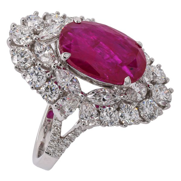 18K White Gold Oval Ruby Diamond Halo Cluster Ring Image 2 LeeBrant Jewelry & Watch Co Sandy Springs, GA