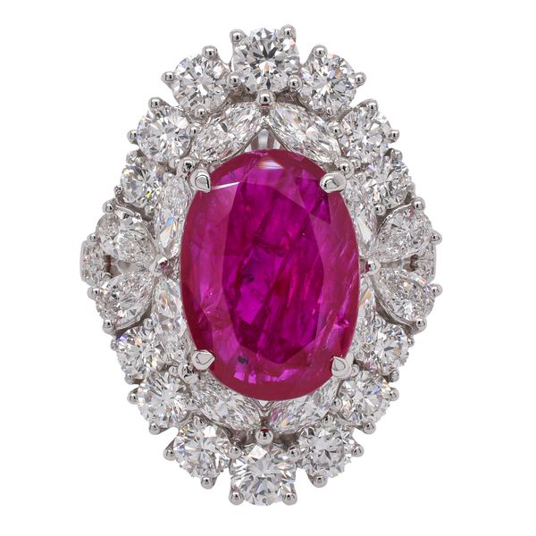 18K White Gold Oval Ruby Diamond Halo Cluster Ring LeeBrant Jewelry & Watch Co Sandy Springs, GA