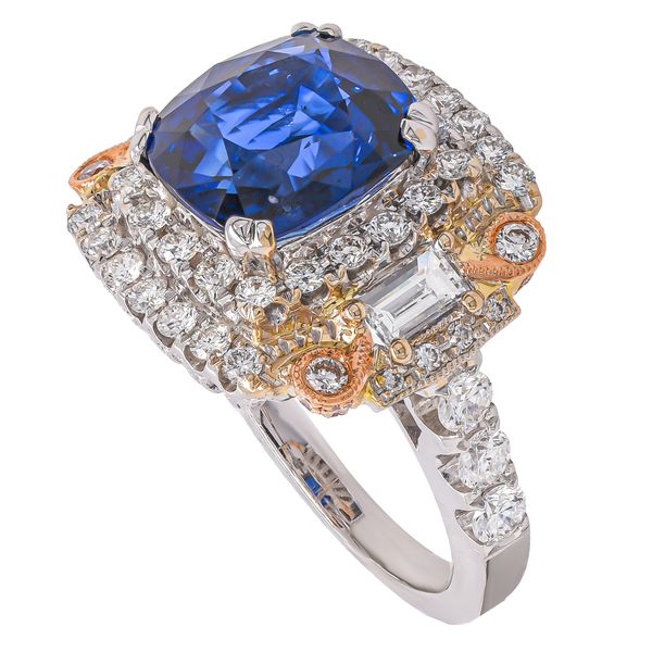 18K White and Yellow Gold Cushion Sri Lanka Sapphire Diamond Ring Image 2 LeeBrant Jewelry & Watch Co Sandy Springs, GA