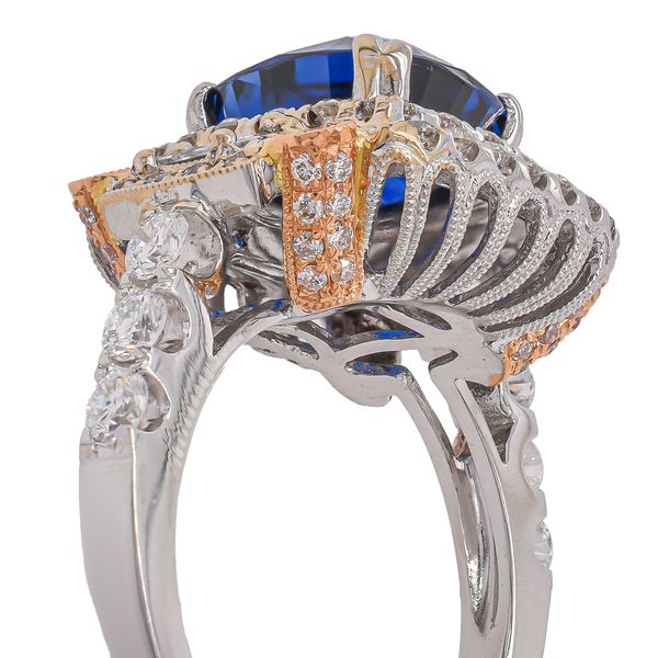 18K White and Yellow Gold Cushion Sri Lanka Sapphire Diamond Ring Image 3 LeeBrant Jewelry & Watch Co Sandy Springs, GA