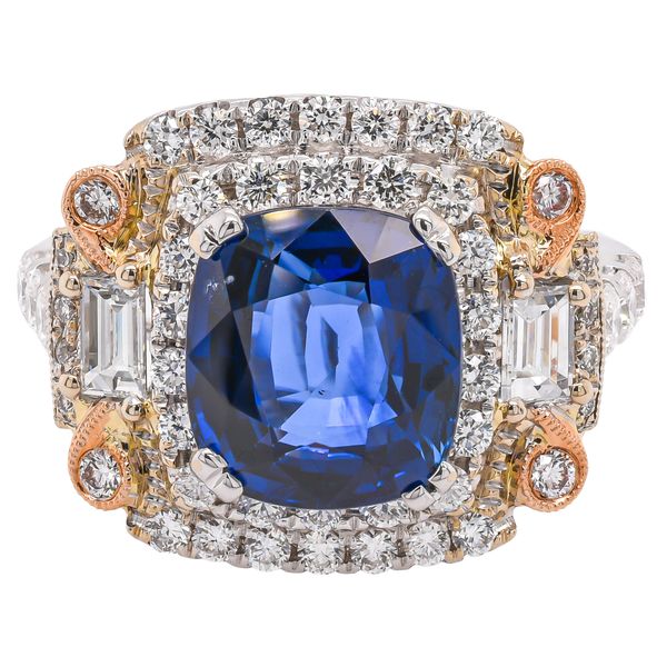 18K White and Yellow Gold Cushion Sri Lanka Sapphire Diamond Ring LeeBrant Jewelry & Watch Co Sandy Springs, GA