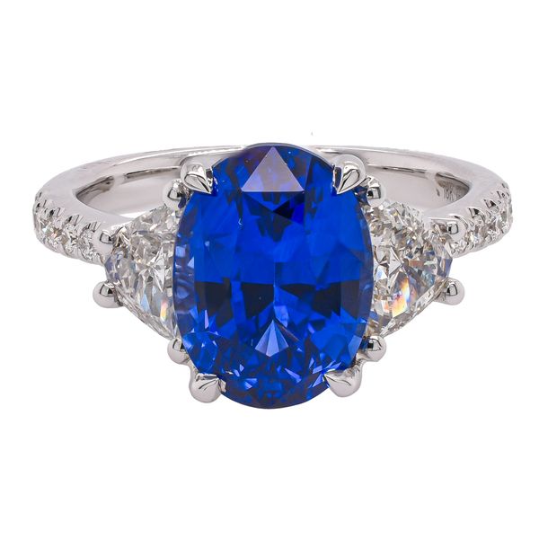 18K White Gold Oval Sapphire 3 Stone Diamond Ring with Accent Diamonds LeeBrant Jewelry & Watch Co Sandy Springs, GA