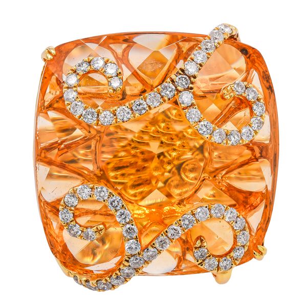 18K Yellow Gold Cushion Citrine Ring with Diamond Swirls LeeBrant Jewelry & Watch Co Sandy Springs, GA