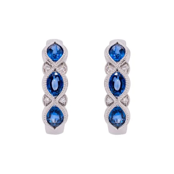 14K White Gold Triple Sapphire Huggie Earrings with Miligrain Accent Diamonds Lever Back Image 2 LeeBrant Jewelry & Watch Co Sandy Springs, GA