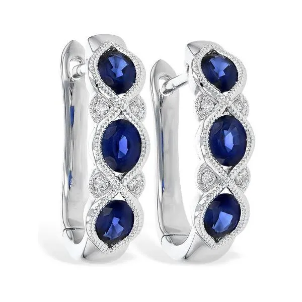 14K White Gold Triple Sapphire Huggie Earrings with Miligrain Accent Diamonds Lever Back LeeBrant Jewelry & Watch Co Sandy Springs, GA