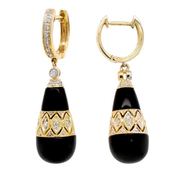 14K Yellow Gold Onxy Diamond Drop Huggie Earrings Image 2 LeeBrant Jewelry & Watch Co Sandy Springs, GA