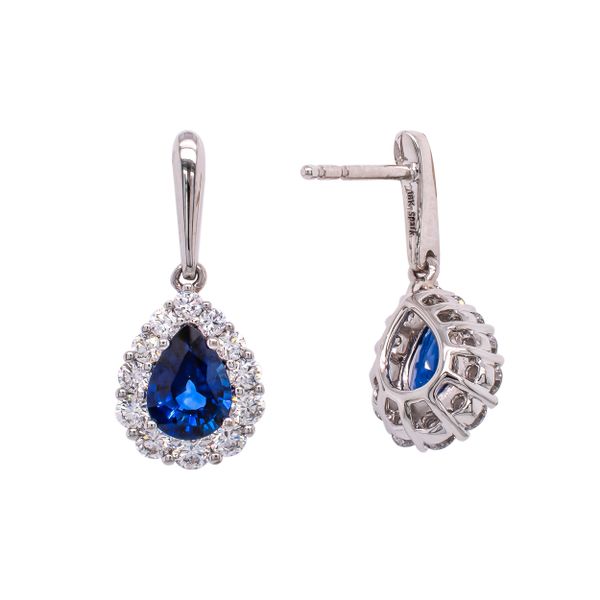 18K White Gold Pear Shaped Sapphire Drop Earrings with Diamonds Image 2 LeeBrant Jewelry & Watch Co Sandy Springs, GA