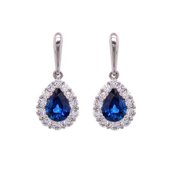 18K White Gold Pear Shaped Sapphire Drop Earrings with Diamonds LeeBrant Jewelry & Watch Co Sandy Springs, GA