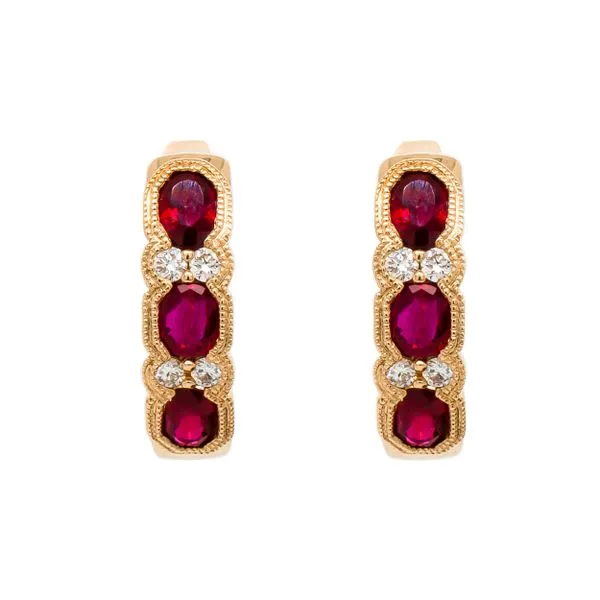 14K Yellow Gold Three Stone Ruby Diamond Huggie Earrings Image 2 LeeBrant Jewelry & Watch Co Sandy Springs, GA