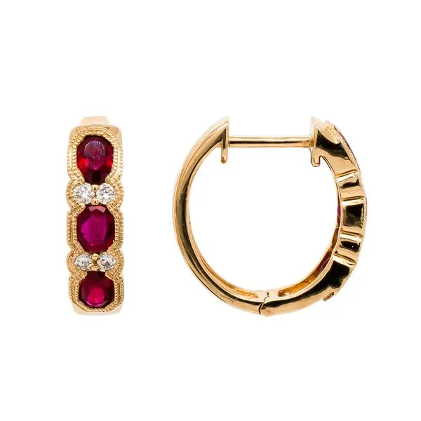 14K Yellow Gold Three Stone Ruby Diamond Huggie Earrings Image 3 LeeBrant Jewelry & Watch Co Sandy Springs, GA