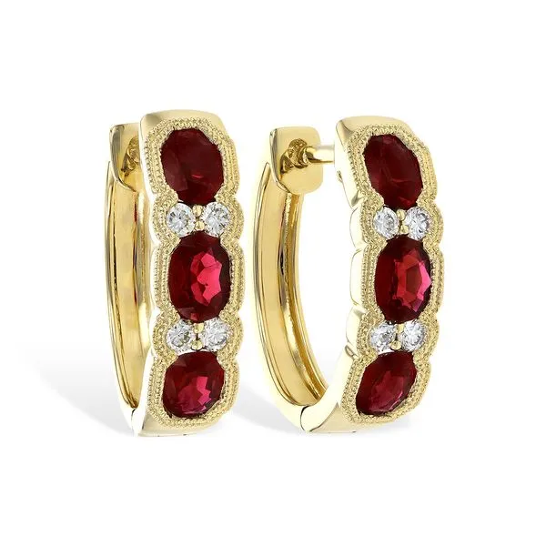 14K Yellow Gold Three Stone Ruby Diamond Huggie Earrings LeeBrant Jewelry & Watch Co Sandy Springs, GA